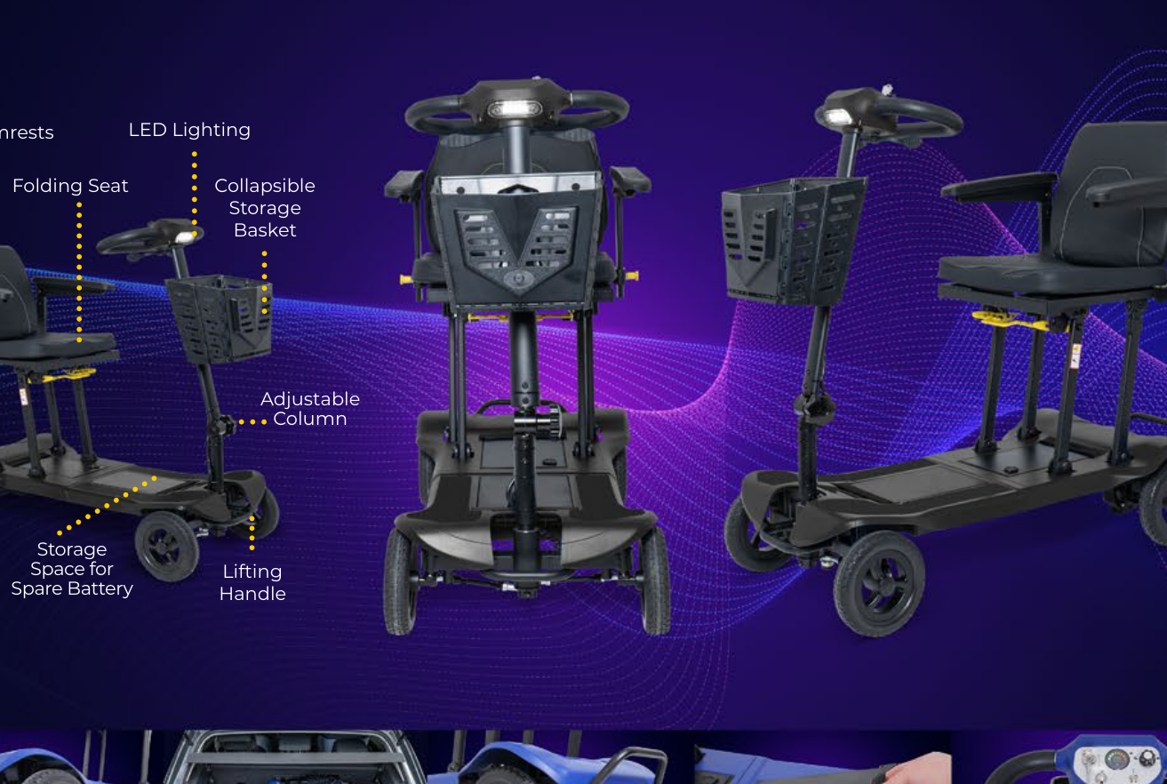 Atom Fold brochure cut image showing ultra lightweight premium folding scooter.