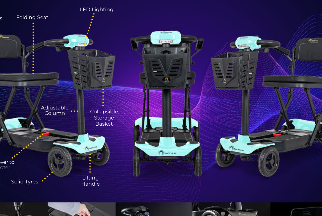 Atom N Fold brochure cut image showing folded lightweight scooter details.