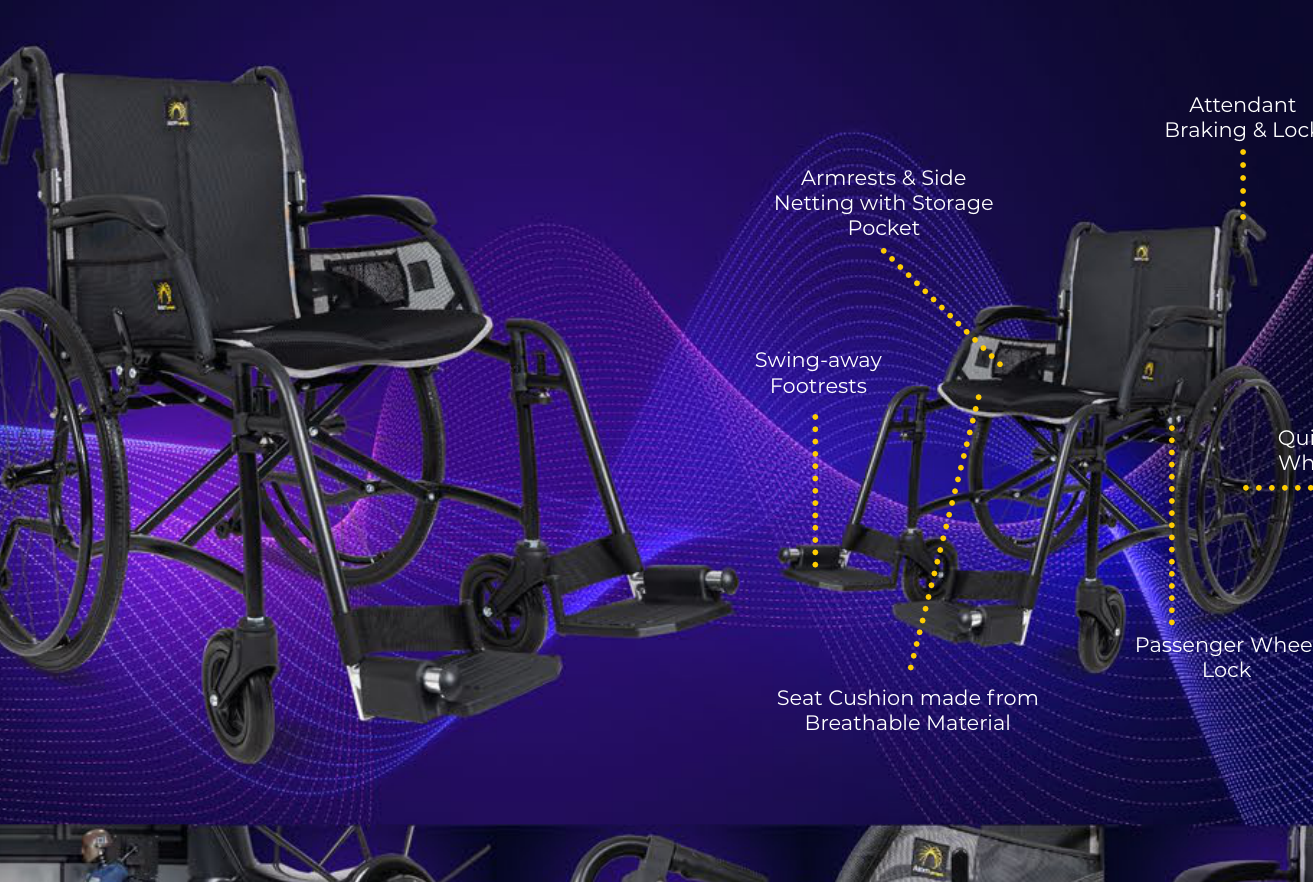 Atom Propel brochure cut image showing ultra lightweight wheelchair.